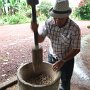Antonio demonstrates how the husks are separated from the dried coffee beans.
