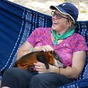 Michele making friends with the lodge's South American coati, Temo